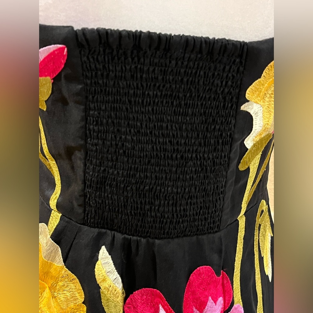 Anthropologie floral mini dress w/ 3D appliqué. Strapless. Black yellow pink. S - Picture 8 of 16